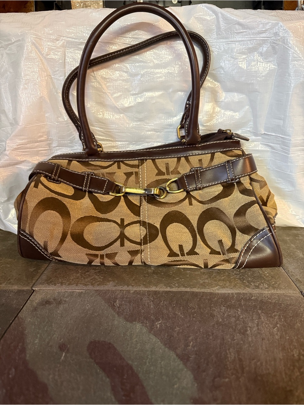 Designer-Inspired Brown Signature Print Shoulder Bag